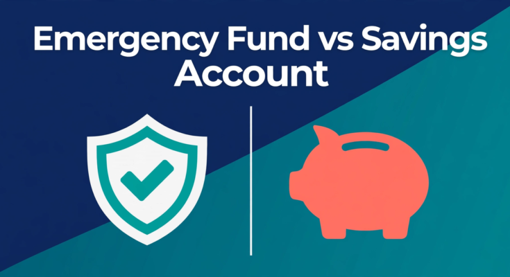 Emergency fund vs savings account comparison — shield icon for protection versus piggy bank for savings goals