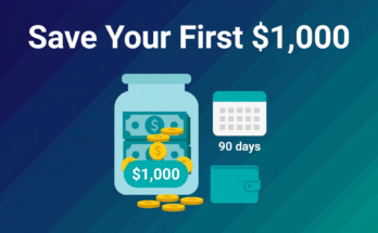Save your first $1000 on low income — savings jar filled with cash and coins with 90 days calendar