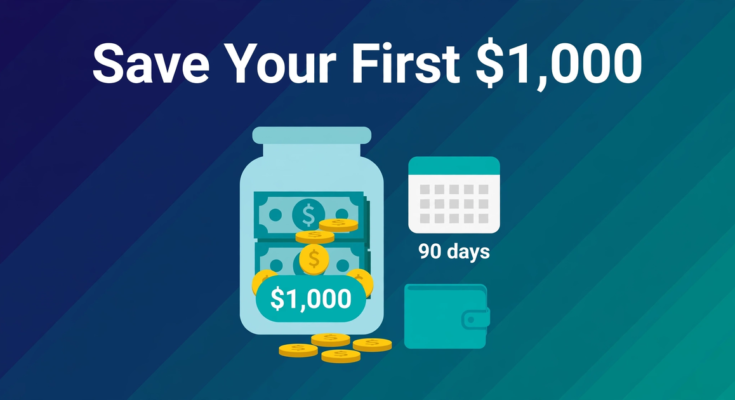 Save your first $1000 on low income — savings jar filled with cash and coins with 90 days calendar